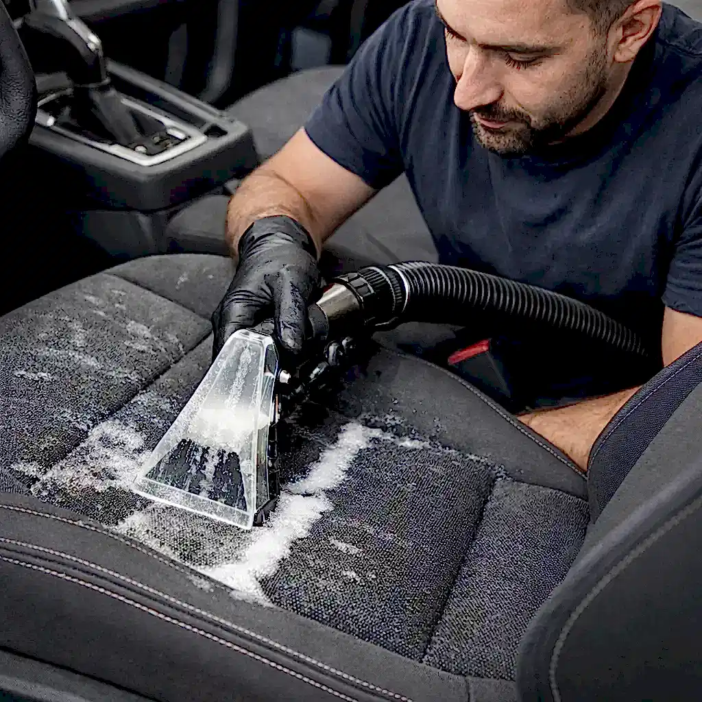 Mersin araç koltuk temizliği yapan ekip, özel şampuanla derinlemesine temizlik yaparken