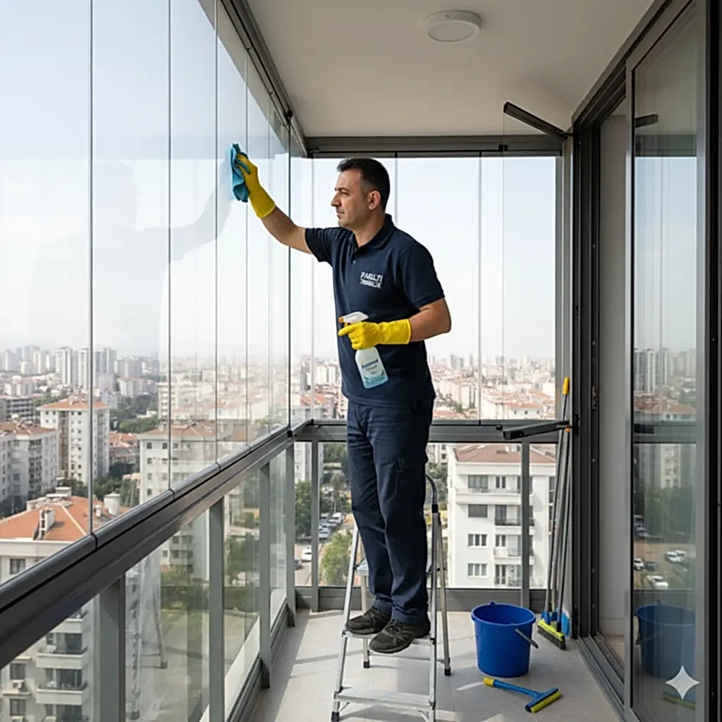 Mersin cam temizliği yapan ekip, camları lekesizce temizlerken.