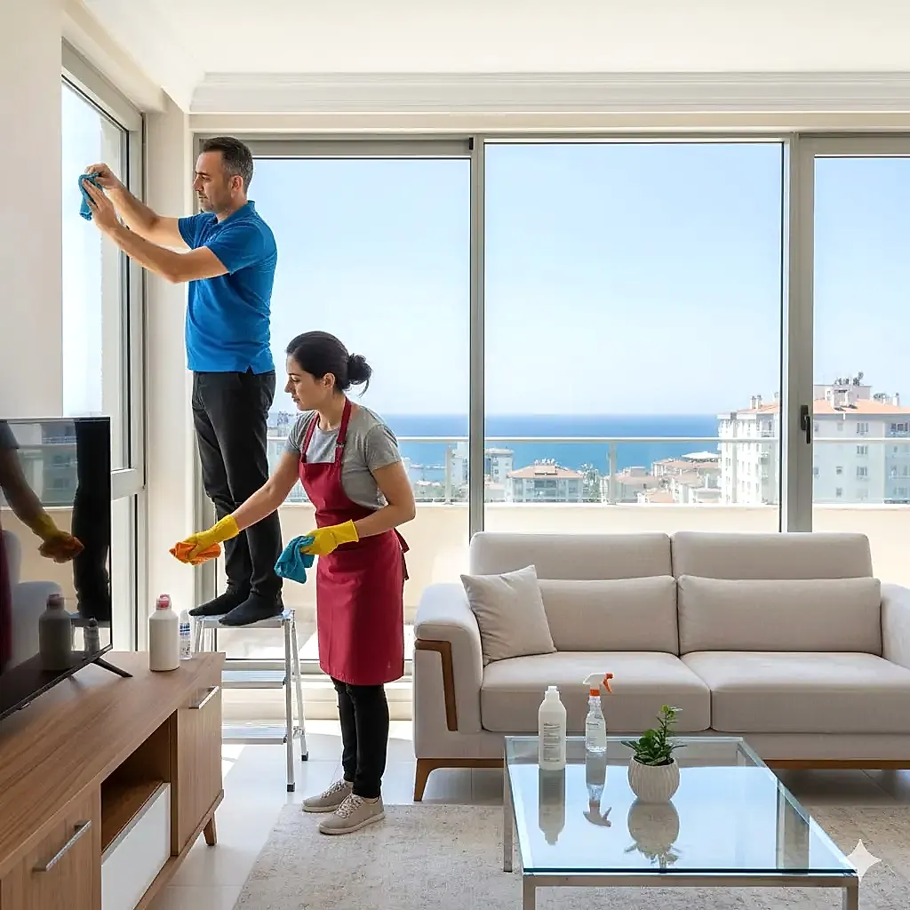 Mersin eşyalı ev temizliği yapan ekip, eşyaları düzenleyerek temizlik yaparken.