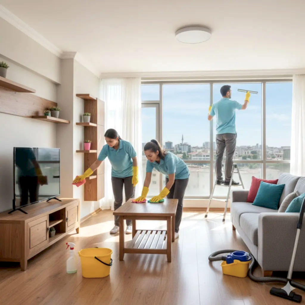 Mersin ev temizliği yapan ekip, salonda detaylı temizlik yaparken.