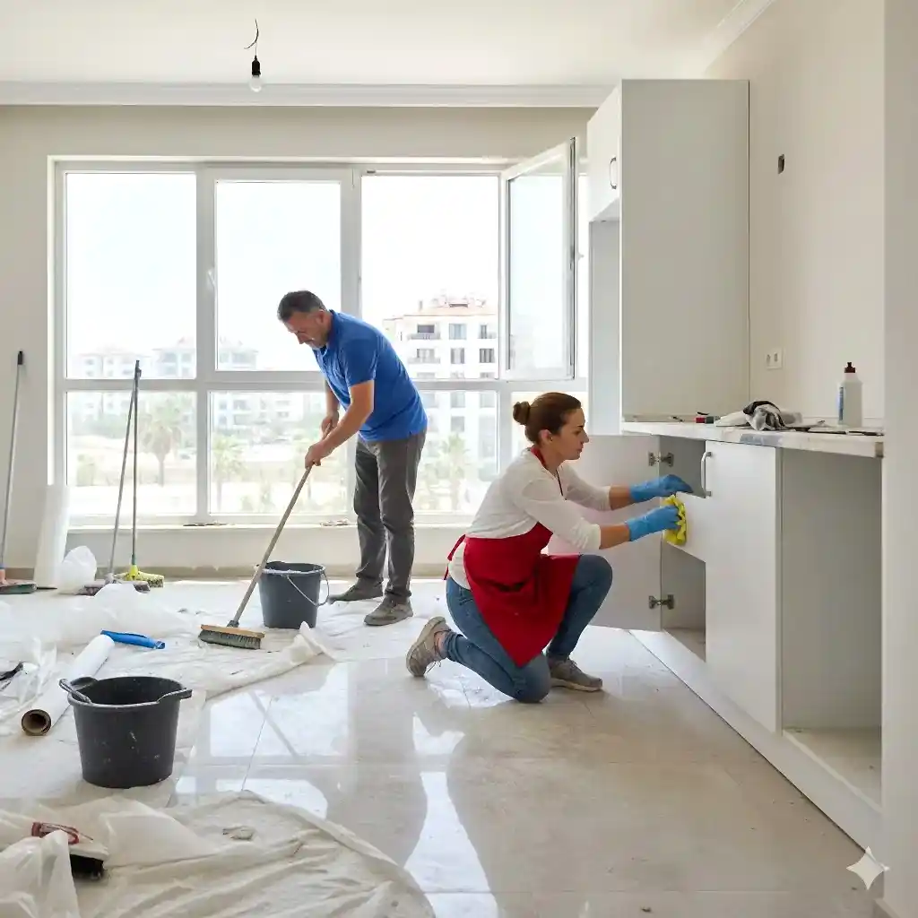 Mersin inşaat sonrası temizlik ekibi, yeni binada toz ve moloz temizlerken.