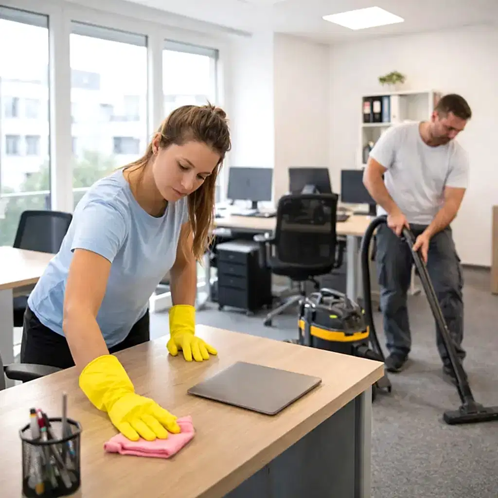 Mersin ofis temizliği yapan ekip, çalışma alanını temizlerken.