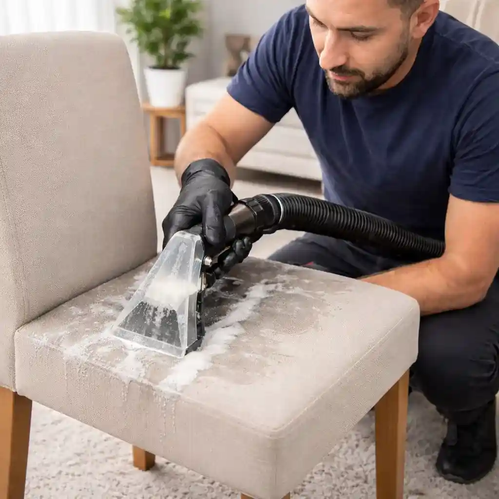 Mersin sandalye yıkama ekibi, ofis sandalyelerini temizlerken.