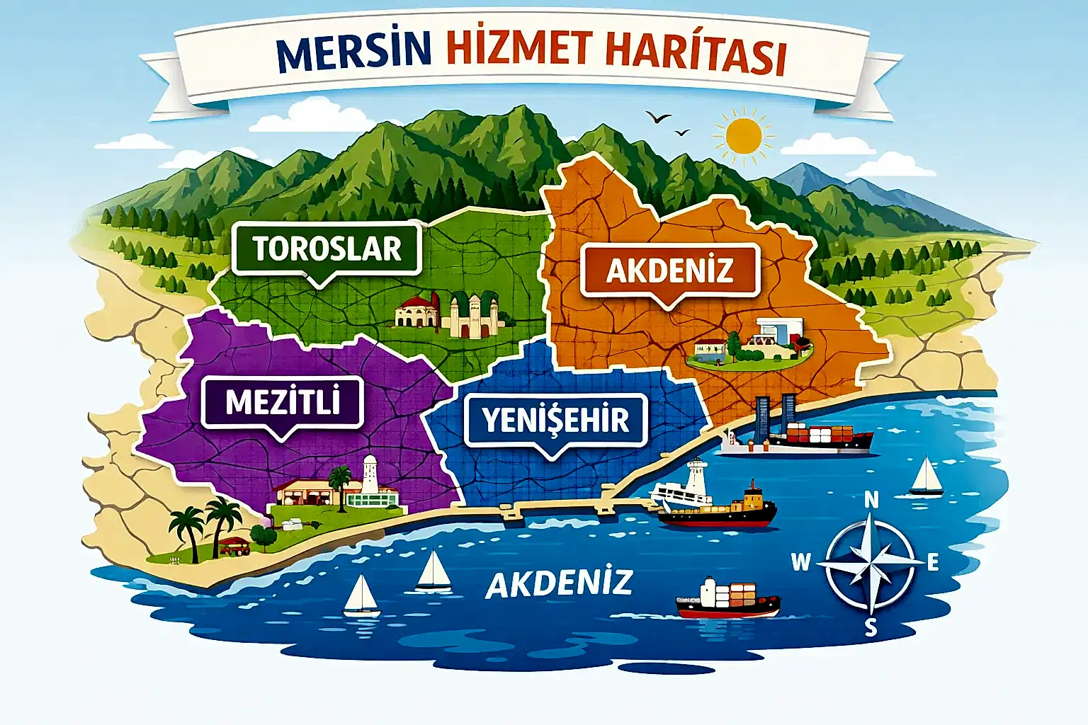 Mersin temizlik şirketi hizmet haritası; Yenişehir, Mezitli, Toroslar ve Akdeniz bölgelerinde profesyonel temizlik hizmeti