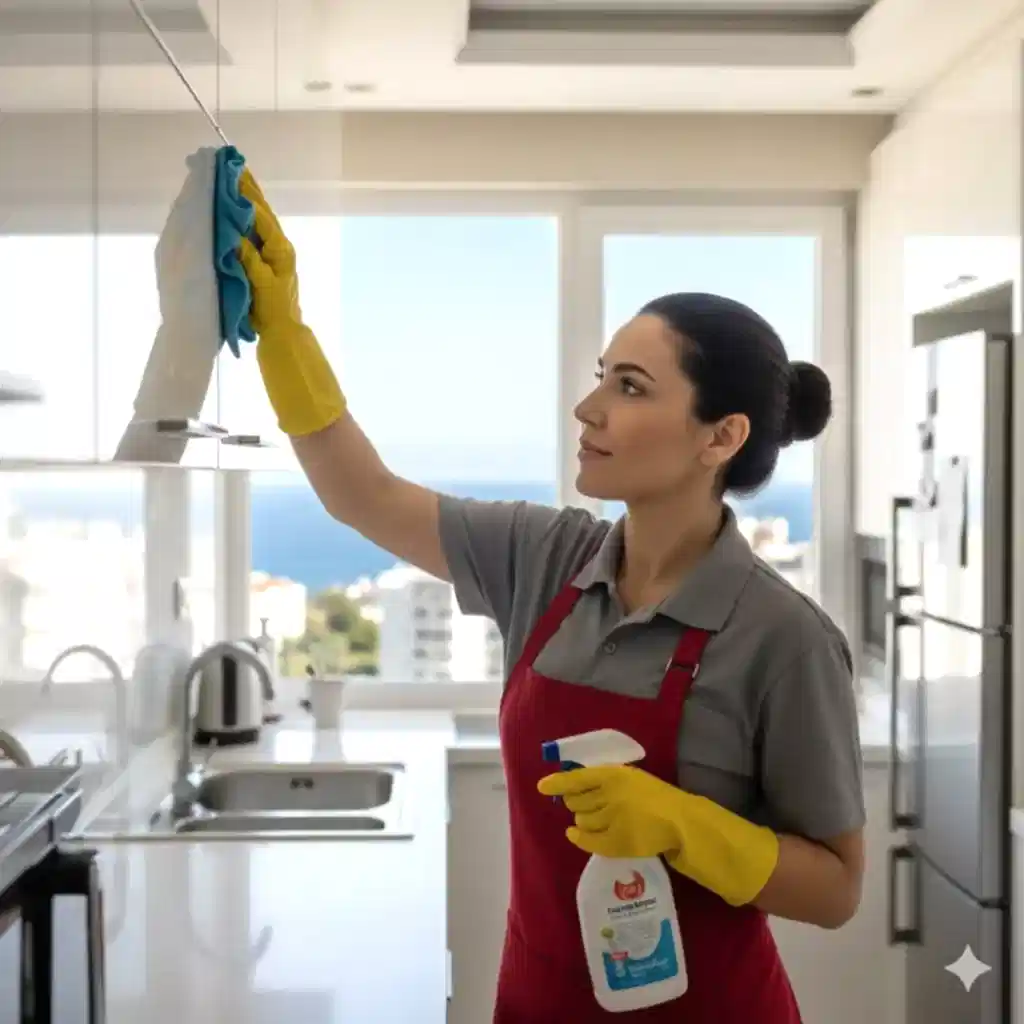 Mersin temizlikçi bayan, evde detaylı temizlik yaparken.