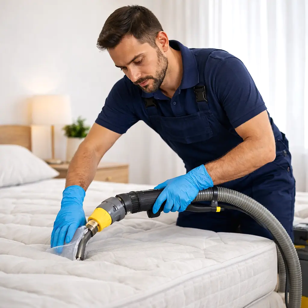 Mersin yatak yıkama makinesi ile yatak temizliği yaparken.